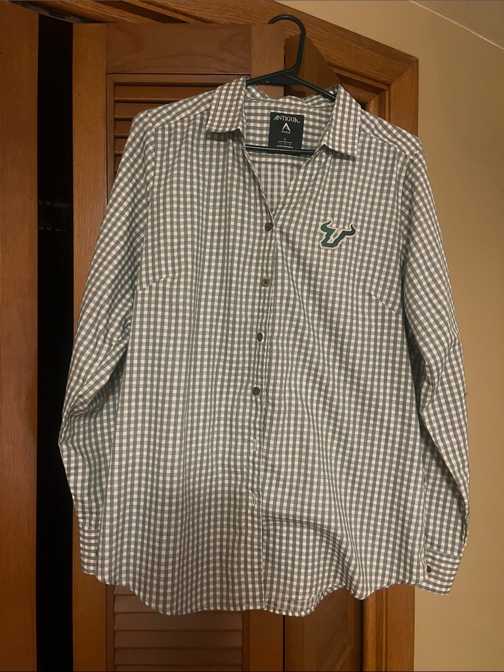 Antigua Women’s Green and White Gingham Button-Down Shirt